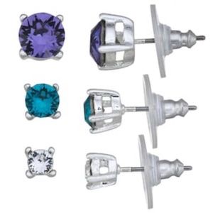 Set of 3 Crystal Stud Earrings (Purple, Turquoise, Clear)